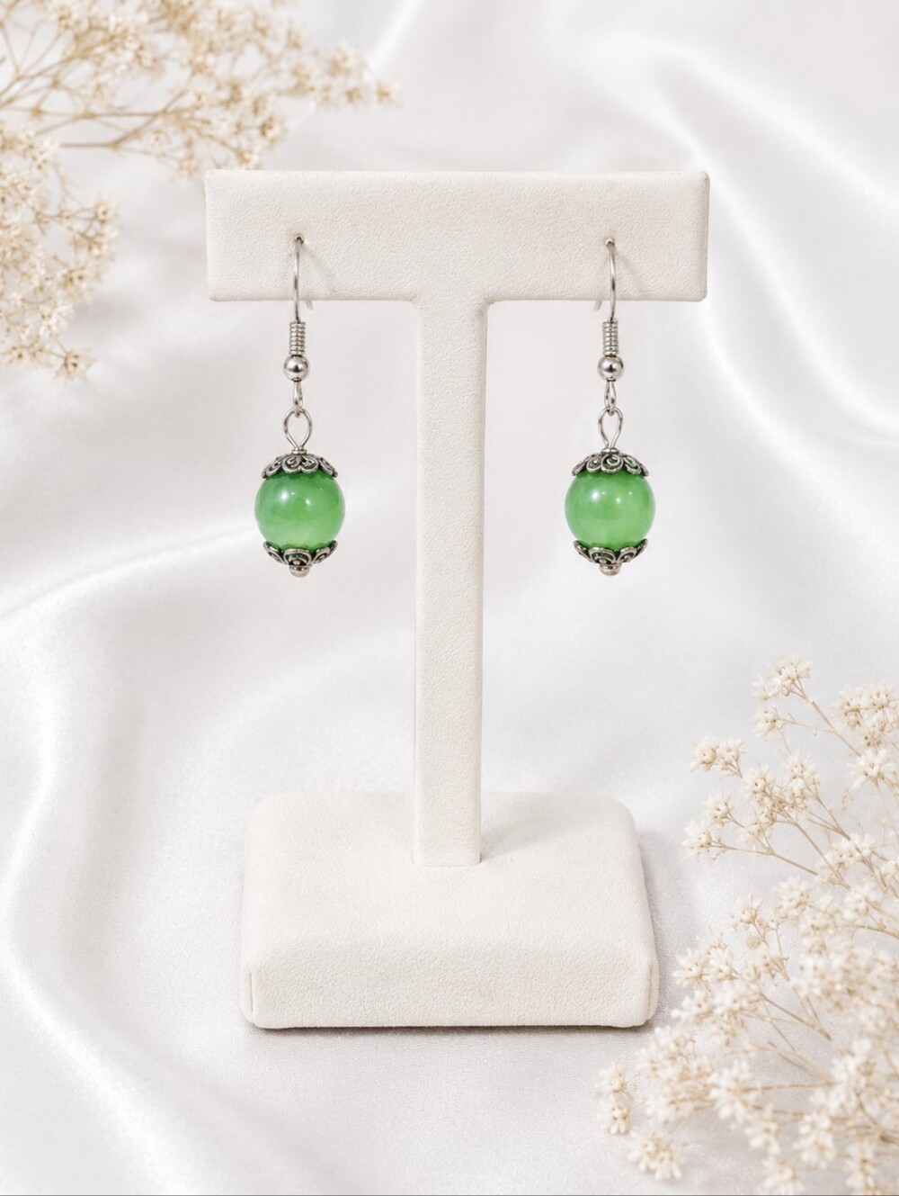 Green Cat's Eye Dangle Earrings | Handmade Green Gemstone Earrings